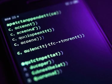 Macro shot of a raw code terminal glowing on an Android device, neon purple backlighting, dark environment