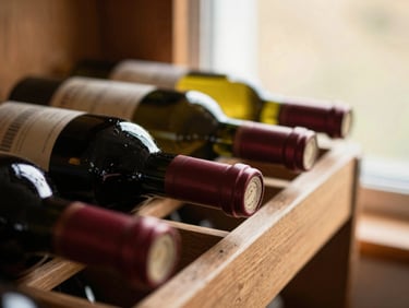 Close-up of wine bottle necks resting in a wooden rack, soft golden-hour window light, shallow depth of field