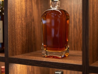 Close-up of a premium amber whiskey bottle on a dark oak shelf, warm ambient lighting, rich textures