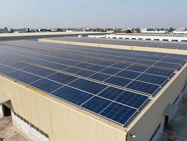 Wide-angle architectural shot of a massive industrial warehouse in Monterrey with extensive solar panel coverage, bright daylight, crisp commercial photography