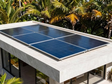 Luxury modern villa in Tulum with sleek solar panels integrated into the architectural roofline, surrounded by tropical foliage, bright natural sunlight