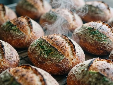 Close-up of steam rising from fresh rustic sourdough bread, soft natural side-light, rich warm tones, shallow depth of field, 35mm film