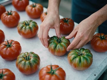 Candid shot of hands arranging fresh heirloom tomatoes on a parchment-covered market table, soft side-light, moody shadows, 35mm film