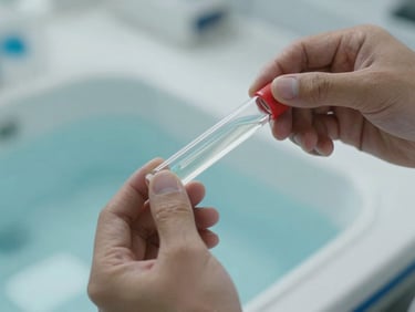 Hands holding a chemical test kit over a pool water sample, soft overcast light, clinical close-up, no people's faces visible