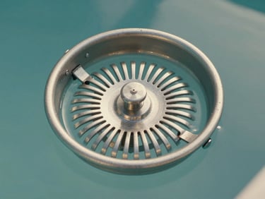 Close-up overhead view of a pool skimmer basket and clean still water surface, soft morning light, clinical and precise framing