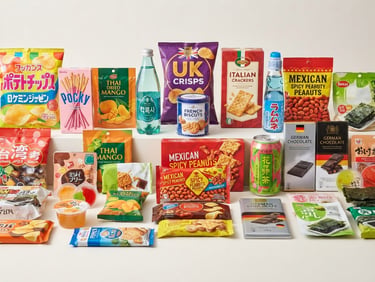 Crisp, high-fidelity product shot of a variety of imported snacks and beverages with their vibrant packaging, neatly arranged on a clean modern backdrop, studio lighting, sharp focus.