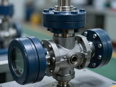 Macro detail shot of a heavy-duty modulating control valve with digital readout, high-contrast industrial lighting, deep slate and metallic tones, sharp focus, 35mm