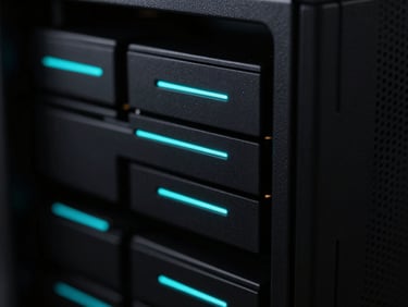 Macro shot of clean server hardware with glowing neon-cyan indicators, low-key dramatic studio lighting, high-contrast minimal styling