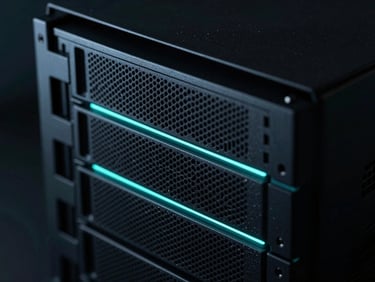Sleek dark-mode tech photography, macro shot of clean server hardware glowing with cool neon-cyan ambient light, high-contrast minimal styling