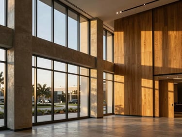 Architectural photography of a minimalist corporate lobby in Boca Raton, warm golden-hour light streaming through high windows, concrete and oak details, 35mm