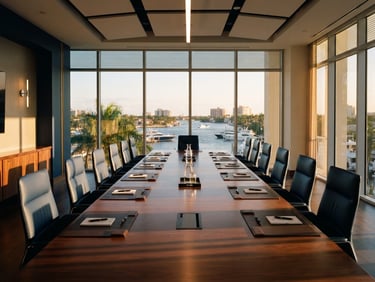 A sharp architectural perspective of a modern corporate boardroom in Boca Raton, warm golden-hour window light casting precise geometric shadows on a polished dark wood table, 35mm photography