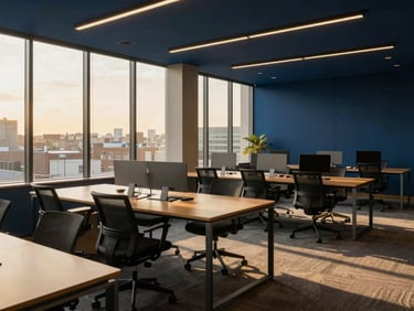 Wide environmental shot of a sleek modern office workspace with collaborative tables, natural light, rich navy accents, 35mm