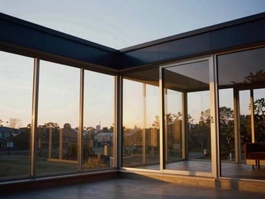 Modern glass pavilion interior with architectural focus, clean lines, warm evening light, 35mm