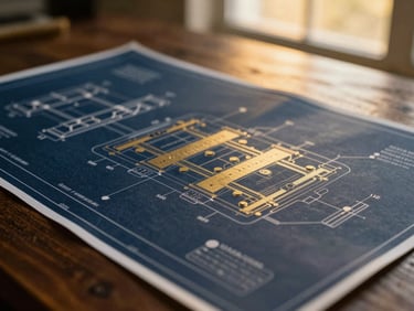Tight macro shot of premium physical materials and structural blueprints on a dark wooden table, soft golden light, 35mm