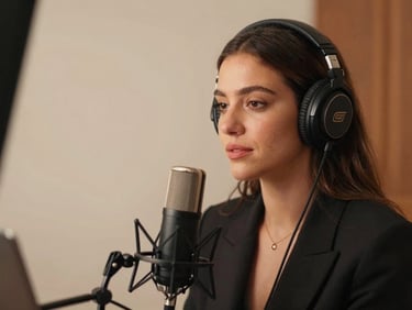 Une actrice voix off devant un micro de studio haut de gamme, casque audio sur les oreilles, ambiance chaleureuse.