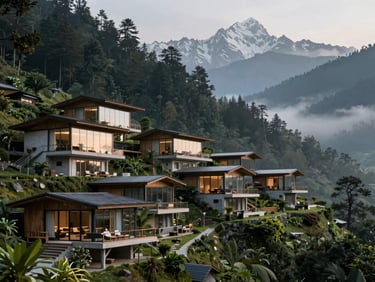 Architectural rendering of a luxury five-star eco-resort nestled into the steep forested hillside of Phulchoki, glass facades reflecting the distant Himalayan peaks, misty morning light