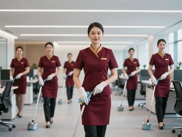 Professional housekeeping team in crisp uniforms meticulously cleaning a modern office environment, clean cool-toned indoor office lighting