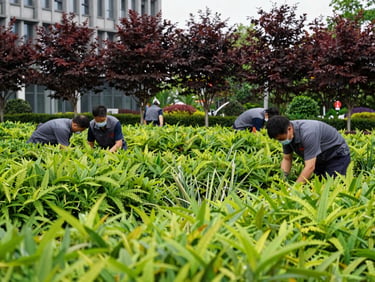 Garden maintenance professionals tending to lush corporate garden, vibrant green foliage, bright overcast daylight, medium shot of focused professionals