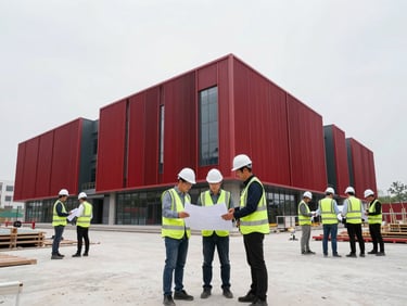 Construction engineers in high-visibility gear reviewing blueprints on a modern building site under bright overcast daylight, wide environmental shot showcasing scale