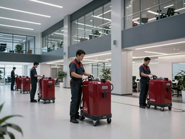 Cleaning experts using industrial-grade equipment in a large commercial building lobby, wide environmental shot, clean cool-toned indoor office lighting