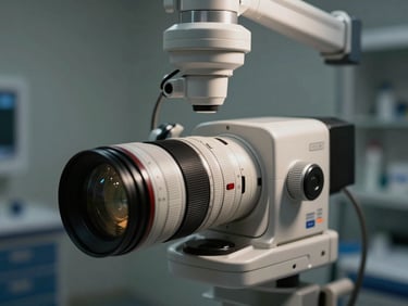 Detajl veterinarske programske opreme na zaslonu v svetli kliniki, v ozadju digitalni rentgenski senzor, čista in ostra tehnična fotografija