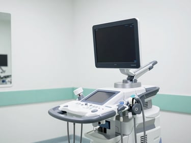 Modern bright clinical facility with a high-end Vinno ultrasound machine, clean white walls, subtle green accents, professional medical environment