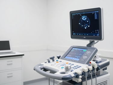Modern medical ultrasound console Vinno in a bright clinical office, high-tech interface glowing, clean white background, studio lighting