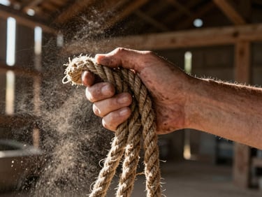 Close-up of weathered hands holding thick hemp rope, dust rising in a sun-drenched timber barn.