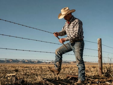 A rancher mending a weathered barbed wire fence under a wide Wyoming sky, dusty boots, tools in hand.