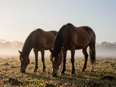 Horses grazing peacefully in the early morning mist on open pasture, low-angle golden hour light.