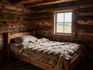 Interior of a rustic cabin showing a simple wooden bed with heavy wool blankets, rough timber walls, and a view of the plains through a small window.