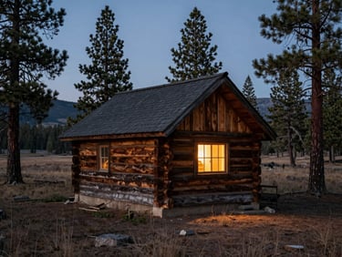 A rustic timber cabin nestled among ponderosa pines at twilight, warm glowing light from the small window, vast quiet landscape.