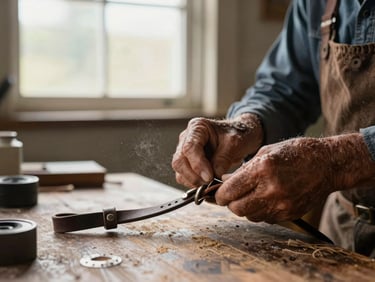 Hands of an elder rancher mending leather harness gear on a worn wooden workbench, soft natural window light, dust motes in the air.