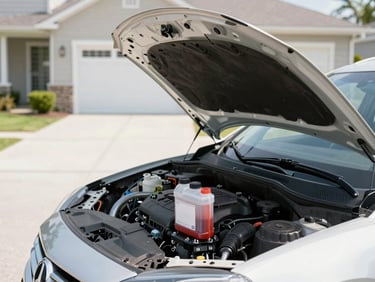 Technician checking engine fluids under the open hood of a car parked in a clean residential driveway, bright daylight.