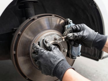 Close-up of a technician's hands in black protective gloves replacing brake pads on a vehicle, bright outdoor natural daylight, sharp focus.