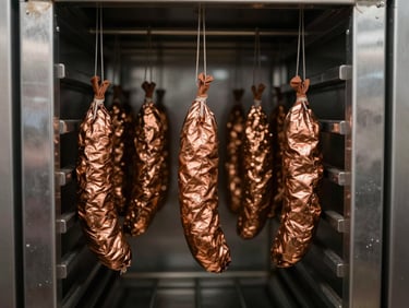 Rows of copper-toned salamis hanging in a dark, stainless steel curing chamber with soft side-lighting.