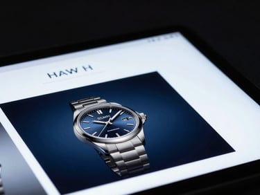 Close-up of an elegant e-commerce product page for luxury watches, cool studio lighting, dark background