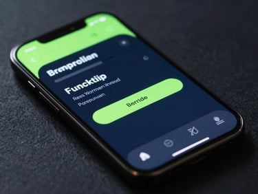 Macro shot of a sleek mobile banking app interface on a screen, glowing neon green accents, dark slate background, high contrast
