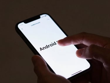 Macro shot of hands interacting with a luxury retail Android application, showing flawless typography on a physical device screen, low-key architectural studio lighting