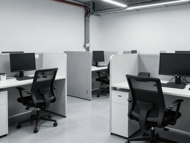 Clean cabin interior fitted out as a modern site office with desks, chairs, and integrated electrical conduits, high-contrast daylight.