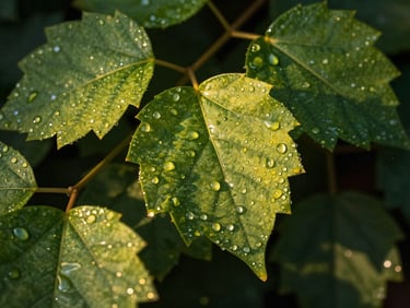 Extreme macro close-up of fresh green Beninese medicinal leaves covered in morning dew, high contrast, deep green shadows, warm golden highlights.