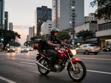 Dynamic action shot of a professional courier on a motorcycle riding through São Paulo streets at dusk, motion blur, high-contrast city lights, 35mm lens