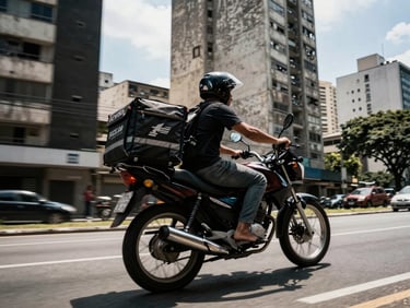 Low-angle dynamic shot of a motorcycle courier riding through São Paulo streets, high-contrast daylight, motion blur, 35mm lens