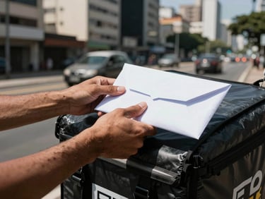 Close-up of hands securing a high-security document envelope into a professional motorcycle delivery box, high-contrast natural daylight, gritty details.