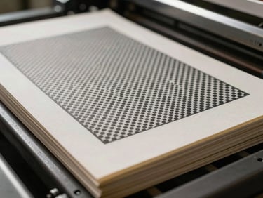 Extreme close-up of offset-printed sheets stacked on a press delivery tray, ink dot patterns visible at macro scale under north-facing daylight, rich CMYK registration on coated stock