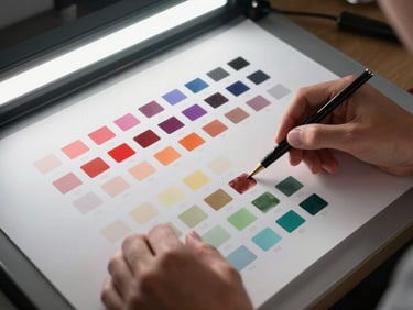 Designer hands holding a color proof sheet against a lightbox, checking registration marks and ink weight, studio strobe illuminating the translucent paper and precise color bars