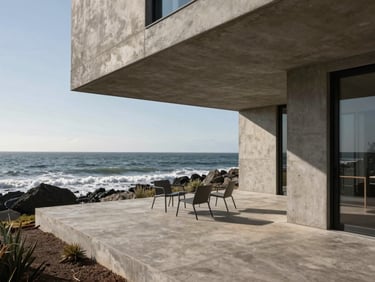 Wide architectural shot of a modern concrete residential deck overlooking a rough ocean, minimalist outdoor furniture positioned on the threshold, dramatic shadows, medium format
