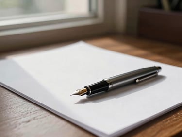 A quiet, elegant office setting with a fountain pen resting on heavy cotton paper, soft natural light streaming through a window, warm editorial atmosphere.