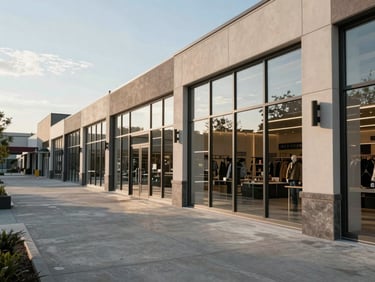 Wide environmental shot of a completed retail plaza, natural daylight, storefront glazing reflecting clear sky, concrete paving freshly laid, no people present