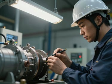 Close-up of industrial facility maintenance work, engineer in hard hat inspecting mechanical systems, direct overhead fluorescent lighting, technical equipment visible in background
